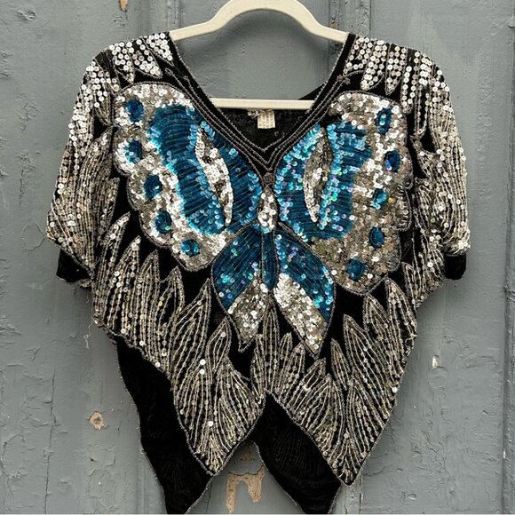 Vintage Silk Sequin butterfly blouse, size M - Picture 1 of 10